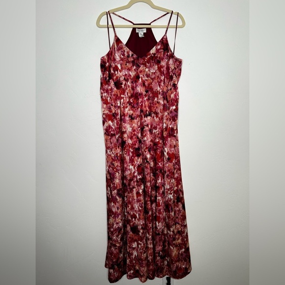 Nicole Miller Abstract Maxi Trapeze Dress Maroon Pink Coral Size Large Holiday - Picture 1 of 11